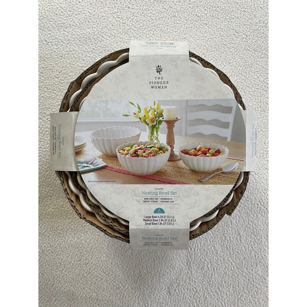 The Pioneer Woman Colette 3 Piece Nesting Bowl Set Cream Scalloped Stoneware